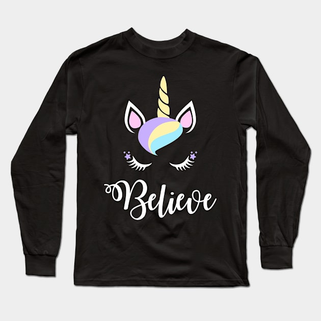 Unicorn Believe Christmas Long Sleeve T-Shirt by Skylane